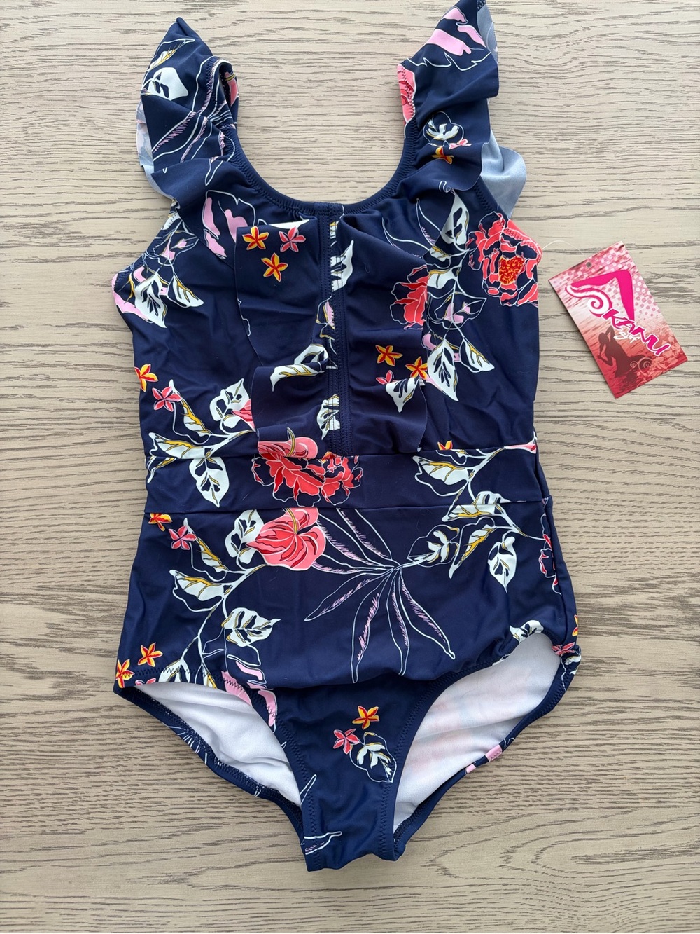 Kanu Surf Navy Floral Ruffle One-Piece Swimsuit - Pink & Red Accents